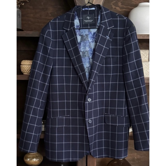 Tailorbyrd Other - TAILORBYRD Mens 42R Blue Windowpane Blazer Sport Coat Jacket
